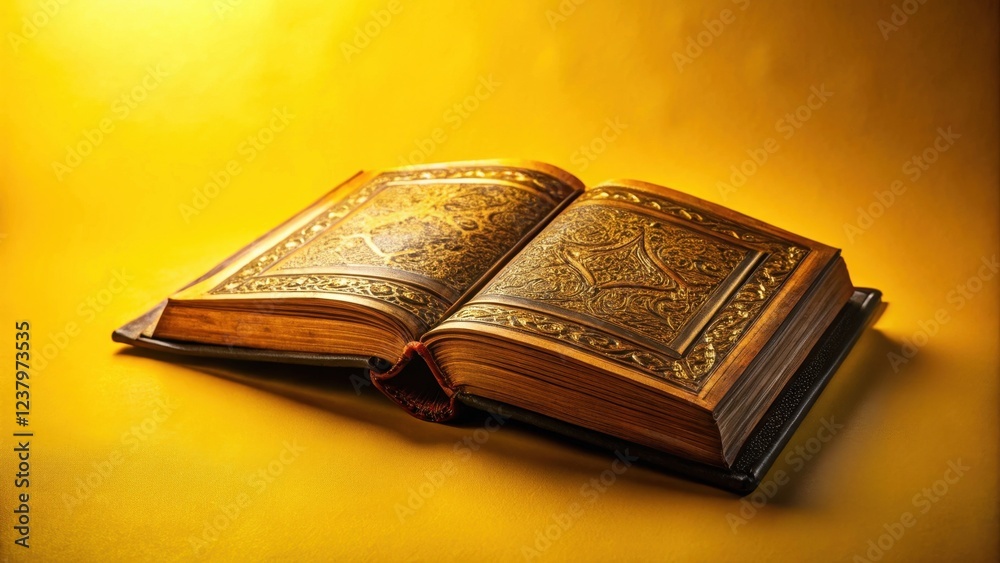 Fototapeta premium Illuminated Manuscript Open on Golden Surface A Study in Ancient Religious Text and Ornate Binding