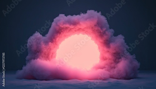 A glowing pink sun emerging from a cloud formation in a dark, atmospheric setting