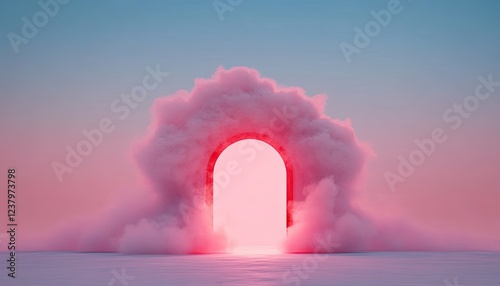 Ethereal archway surrounded by vibrant clouds at sunset, symbolizing transition and wonder