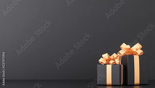 Elegant black gift boxes with gold ribbons set against a minimalist dark background