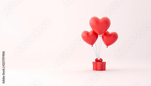 A vibrant arrangement of heart-shaped balloons rising from a gift box on a soft background