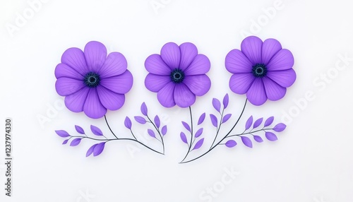Three vibrant purple flowers with delicate leaves arranged on a white background, ideal for decorative use