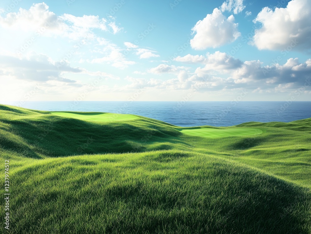 Obraz premium Green grass hills near the ocean.