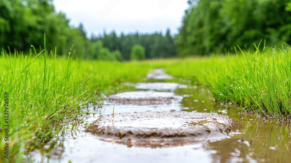 Muddy path through grassy field, forest background; nature walk Muddy path through grassy field, forest background; nature walk