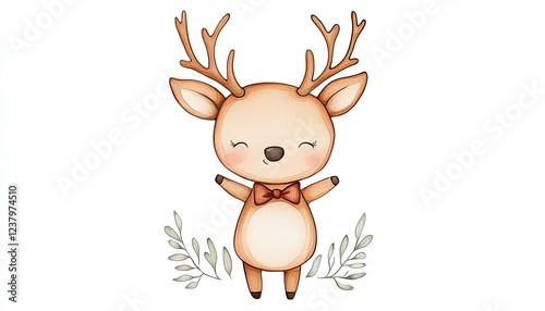 Cute cartoon deer character with antlers and a bow tie, surrounded by green leaves on a white background