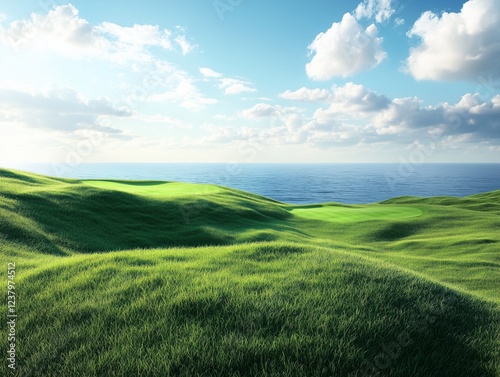 Green grass hills near the ocean.