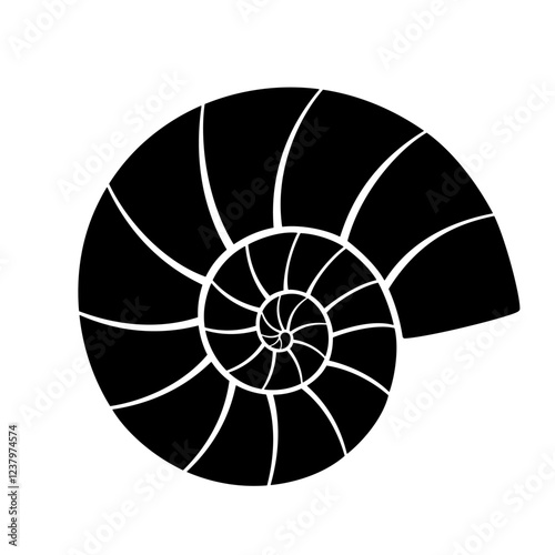 Nautilus sea shell or spiral round snail shell, black silhouette isolated on white. Segmented shape, stencil style. Vector clipart, monochrome sign for illustration, marine design, icon or  logo.