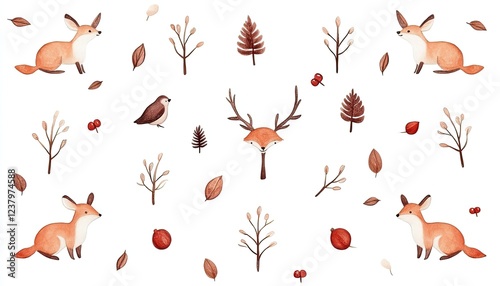 Whimsical forest scene featuring foxes, deer, and autumn leaves with a light background