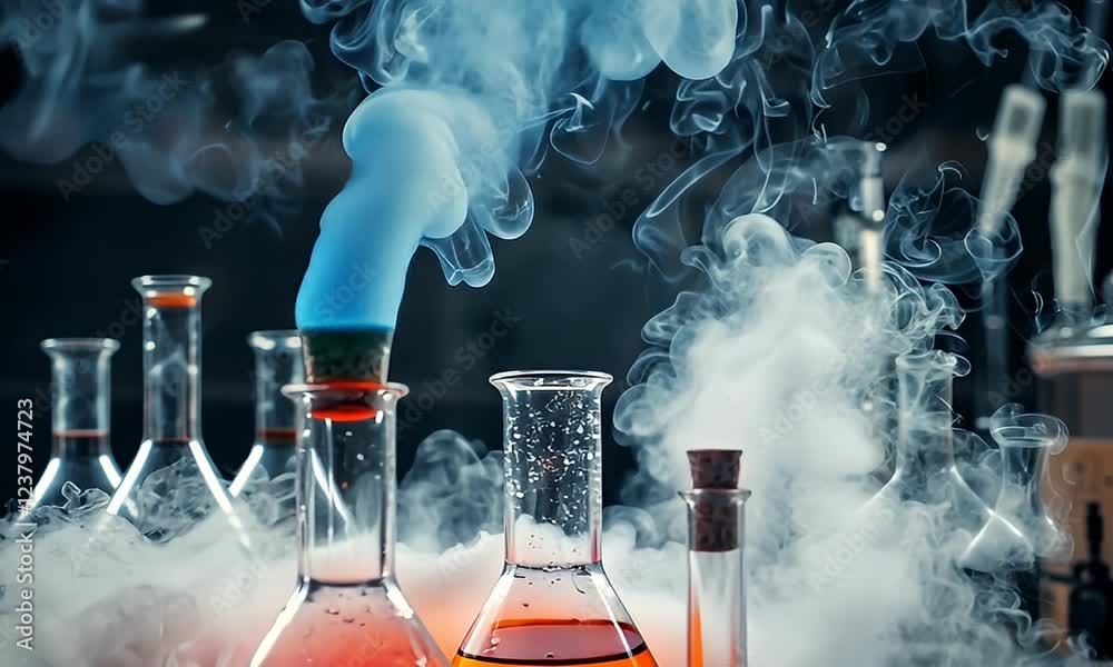 Lab experiment Colorful smoke rising from flask, chemical reaction, science background