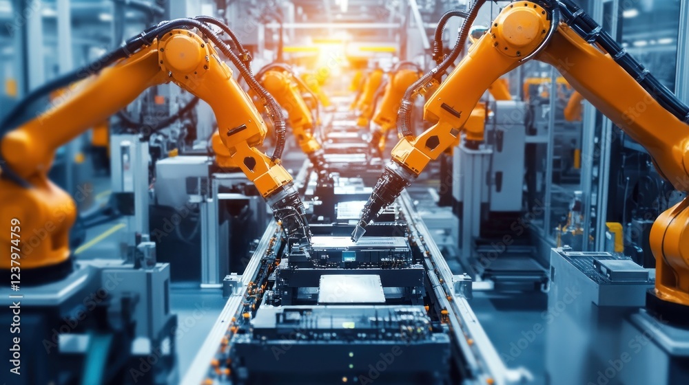 Automated assembly line with robotic arms working on products. Automated assembly line with robotic arms working on products.