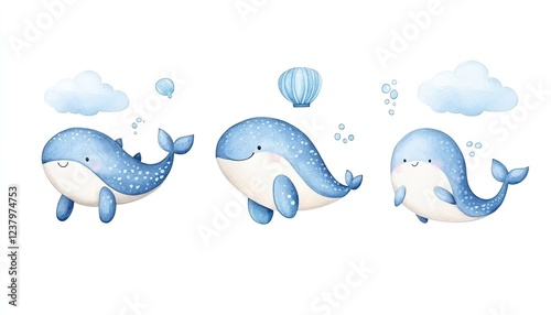 Playful cartoon whales swimming joyfully under a bright sky with clouds and bubbles