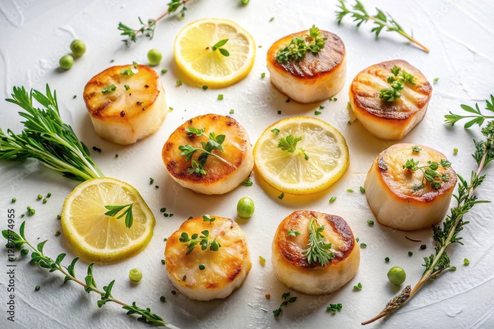 Aromatic Seared Scallops with Lemon and Herbs Garnish on a White Surface Aromatic Seared Scallops with Lemon and Herbs Garnish on a White Surface