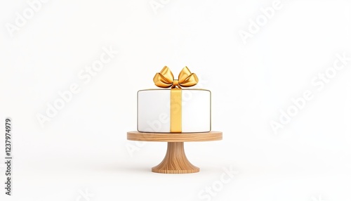 Elegant white cake with golden ribbon and bow on wooden stand against a minimalistic background