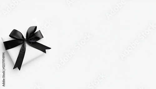 Elegant white gift box with black ribbon on a minimalist background, perfect for celebrations