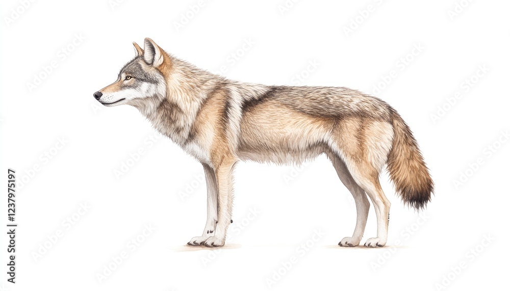 Realistic side profile illustration of a wolf showcasing its fur texture and natural stance Realistic side profile illustration of a wolf showcasing its fur texture and natural stance