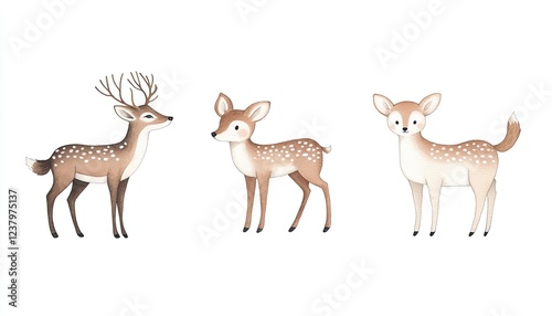 Three charming illustrated deer in a whimsical style, showcasing different poses and expressions