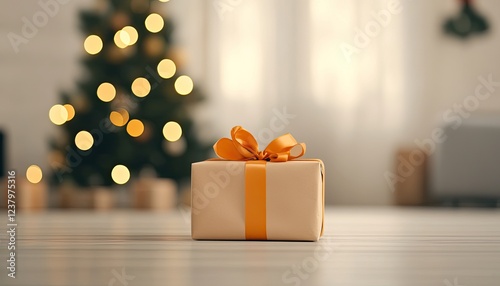 A beautifully wrapped gift with an orange ribbon sits on a wooden floor, with a softly lit Christmas tree in the background