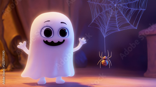 Cartoon cute kawaii Halloween ghost monster character holds a spider dangling from its web. Adorable vector spook with a playful smile, a charming combination of spooky and cute vibes photo