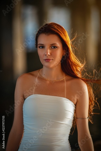 Portrait of a young woman with red hair.
