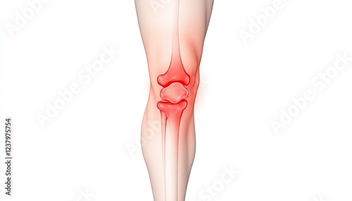Anatomical illustration of a human knee joint highlighting inflammation and pain points