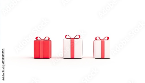 Three beautifully wrapped gift boxes with red and white ribbons against a minimalist white background