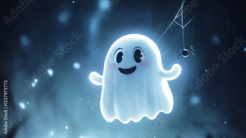 Cartoon cute kawaii Halloween ghost monster character holds a spider dangling from its web. Adorable vector spook with a playful smile, a charming combination of spooky and cute vibes photo