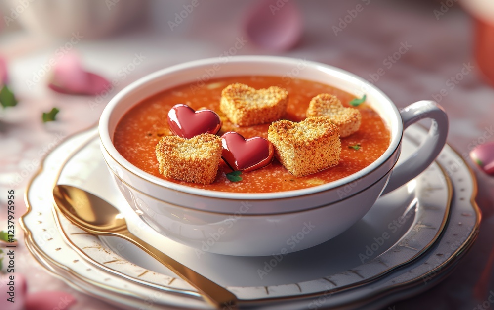 bowl of creamy tomato soup served with heart-shaped croutons, placed on a white ceramic table setting. Valentines Day and 8 March theme bowl of creamy tomato soup served with heart-shaped croutons, placed on a white ceramic table setting. Valentines Day and 8 March theme