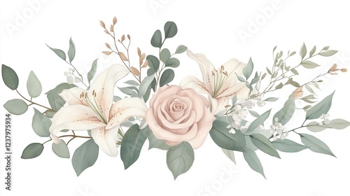 Elegant Watercolor Floral Arrangement  Lilies  Roses  Greenery