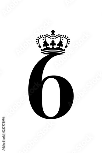 Number "6" with Decorative Royal Crown , A bold number "6" adorned with an intricate royal crown, symbolizing prestige, elegance, and excellence in typography and graphic design.  
 

