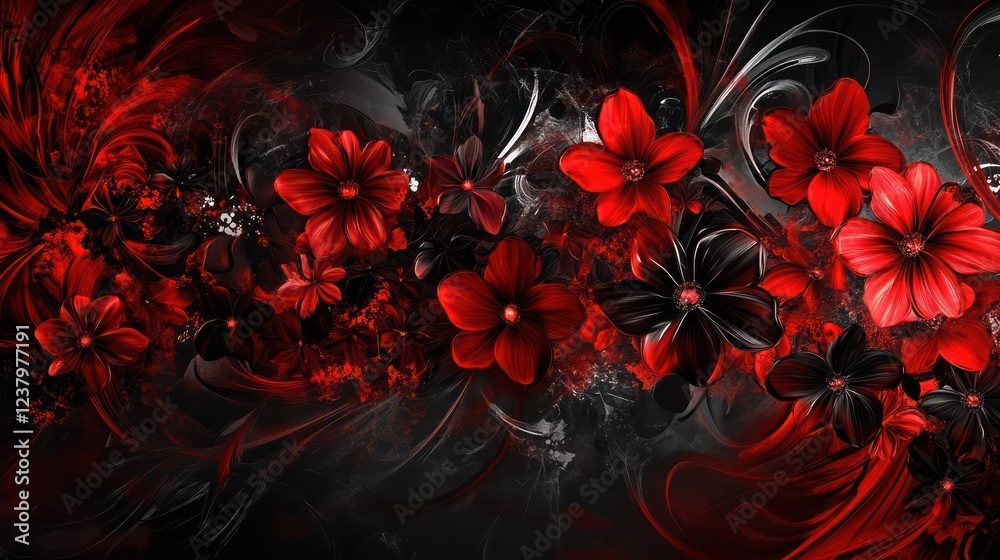Bold Red and Black Floral Elements Abstractly Blended in Dramatic Layout Bold Red and Black Floral Elements Abstractly Blended in Dramatic Layout
