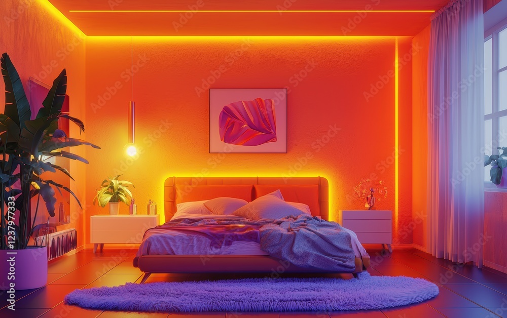 Bright Orange Modern Bedroom with geometric wall designs, sleek furniture, and LED lighting, adding a dynamic and creative look Bright Orange Modern Bedroom with geometric wall designs, sleek furniture, and LED lighting, adding a dynamic and creative look