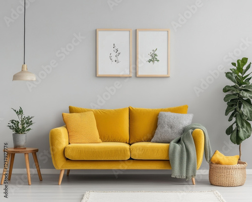 Cozy Modern Living Room with Yellow Sofa and Green Plants for Contemporary Home Decor Inspiration