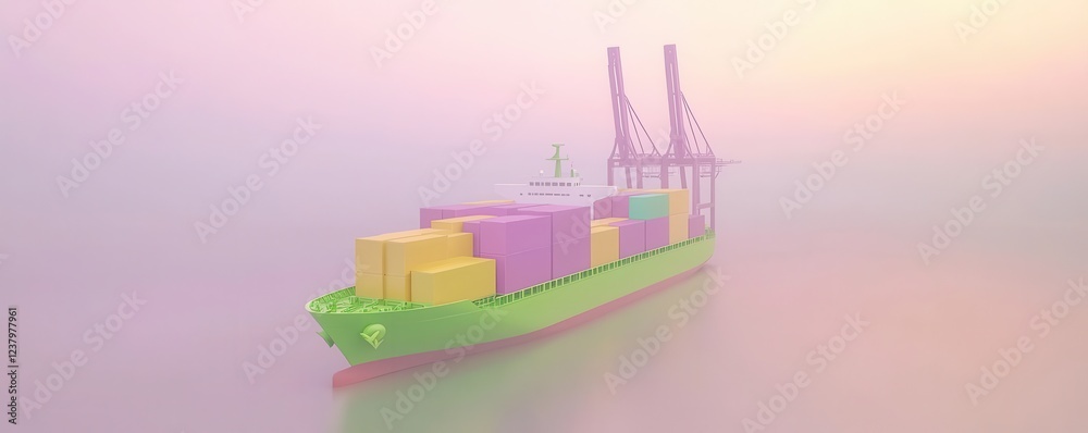 Naklejka premium Cargo Ship in Foggy Harbor at Sunrise