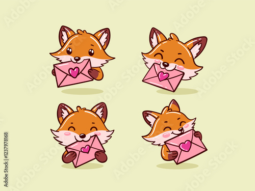 Adorable collection of cheerful cartoon foxes delivering heartfelt pink love letters, perfect for expressing affection and warmth in charming designs