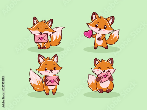 Cute cartoon foxes with envelopes and heart, perfect for Valentine's Day or any love-themed project