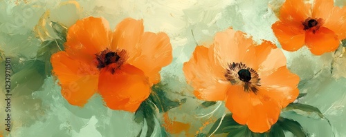 Bright Tangerine and Faded Green Flowers in Abstract Artful Blend