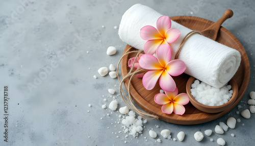 Spa Serenity Rolled Towel, Plumeria Flowers, and Salt Bowl for Relaxation Inspiration FREE Download HD Image photo