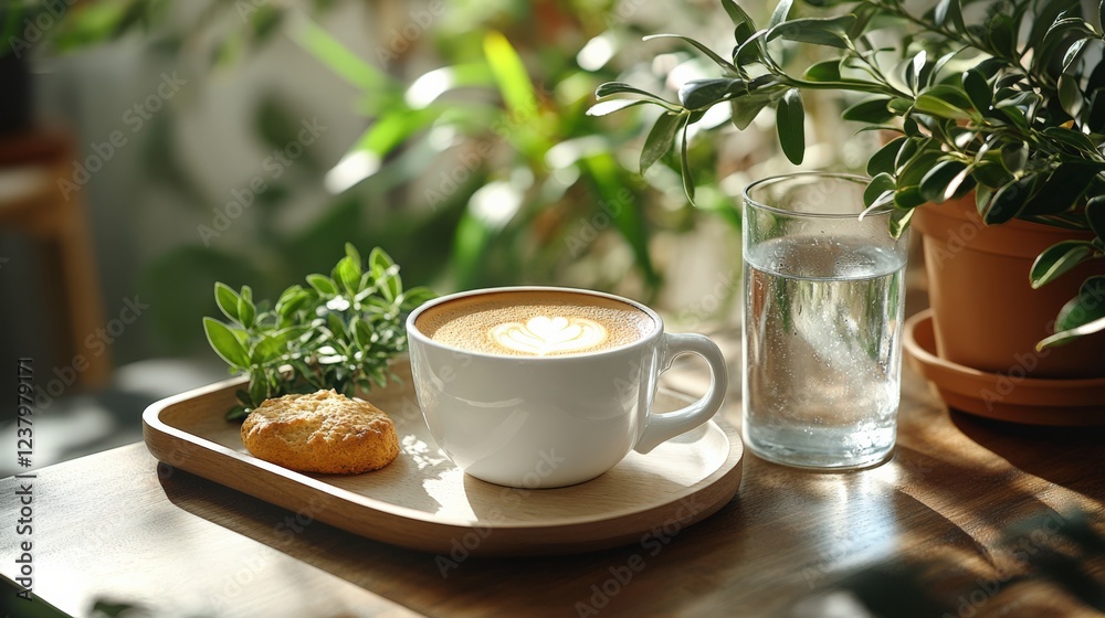 A Cozy Coffee Scene Featuring a Cup of Latte, a Freshly Baked Cookie, and Verdant Greenery in a Bright, Natural Setting A Cozy Coffee Scene Featuring a Cup of Latte, a Freshly Baked Cookie, and Verdant Greenery in a Bright, Natural Setting