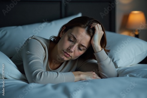 A woman lying awake in bed at night, overwhelmed by countless thoughts, depicting insomnia, stress, and mental restlessness.