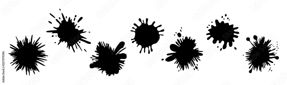 Set of black splatters on transparent background. The splatters are of different sizes and shapes. Vector illustrations Set of black splatters on transparent background. The splatters are of different sizes and shapes. Vector illustrations