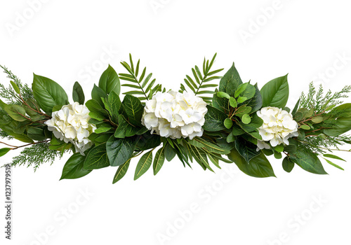 Flower,garland,isolated clipart. A beautiful arrangement of white flowers and green leaves on a dark background.