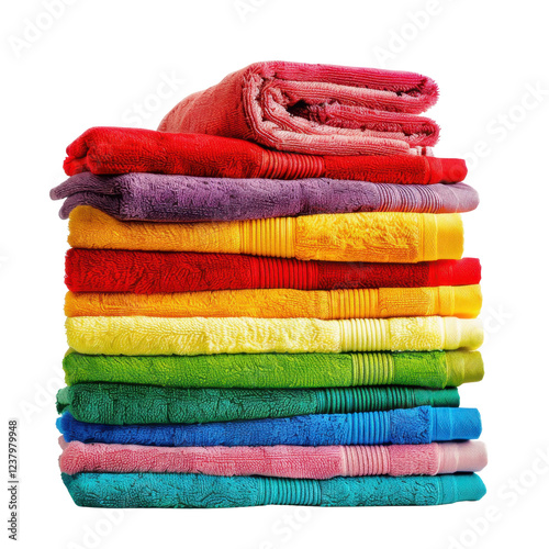 Colorful stacked towels in various shades create vibrant display, showcasing spectrum from red to purple, yellow, green, and blue. Perfect for adding cheerful touch to any bathroom or spa setting