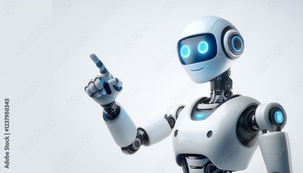 happy, cute humanoid robot point, full body, photo, ultra realistic, perfect light, isolated ,money ,business happy, cute humanoid robot point, full body, photo, ultra realistic, perfect light, isolated ,money ,business