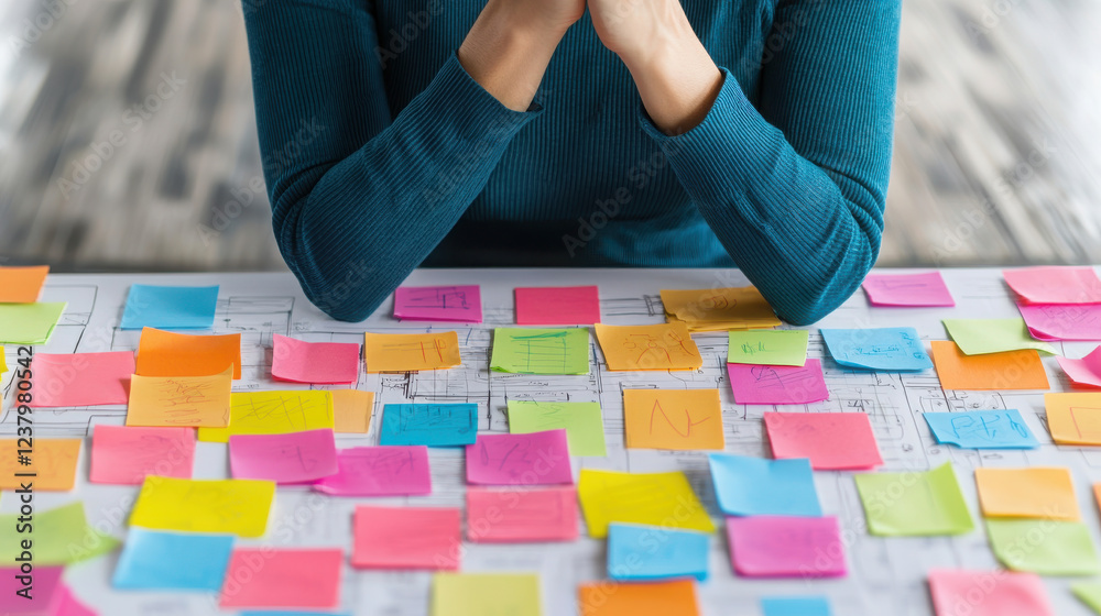 Fototapeta premium Manager leading brainstorming session with colorful sticky notes on table