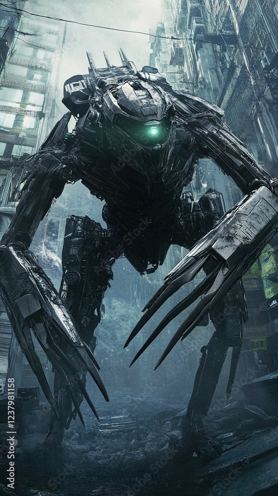 Fototapeta premium Mecha-Cloverfield, a gargantuan biomechanical terror with mechanical claws and exoskeleton armor, rampaging through a futuristic landscape with unrelenting power.
