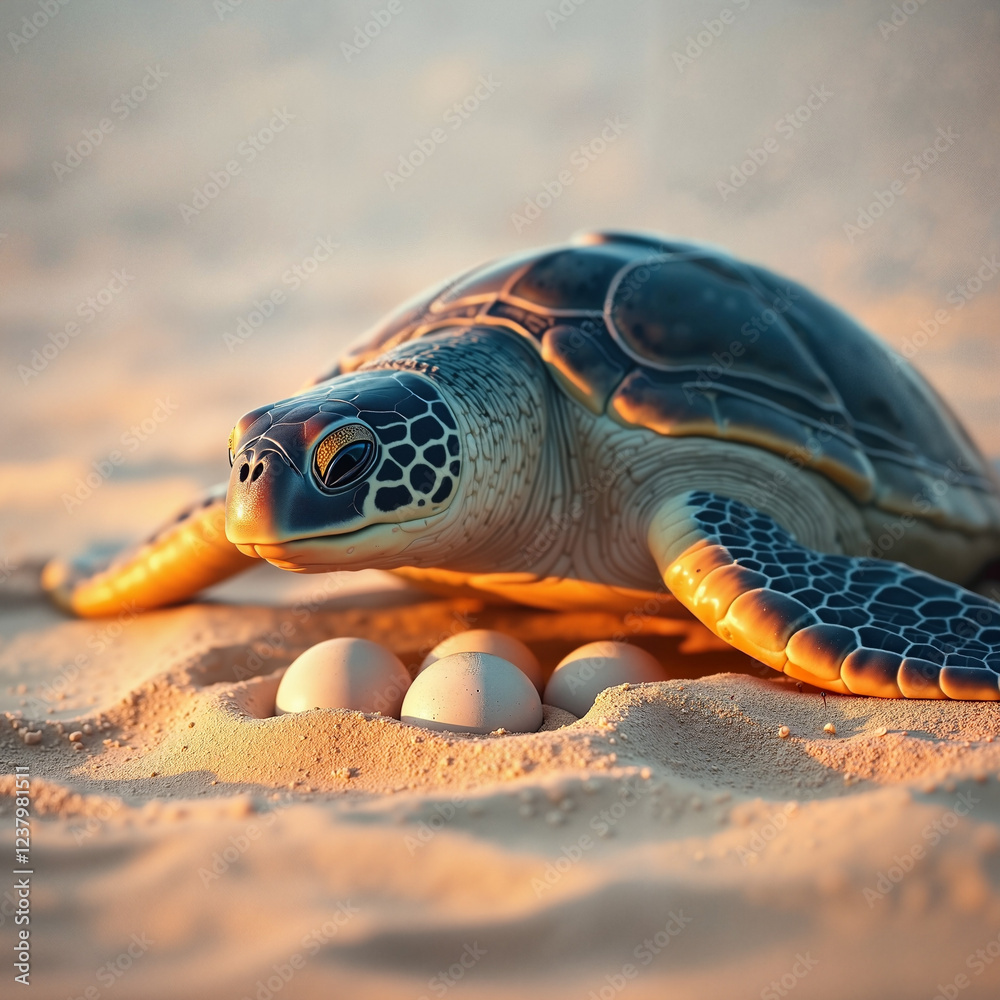Obraz premium Photorealism, sea turtle laying eggs on the beach sand during sunset, manifestations of care, affection, motherhood