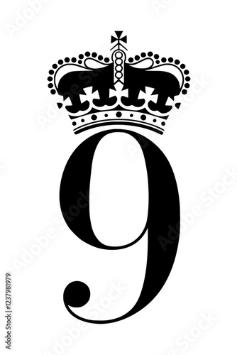 Number "9" with Elegant Royal Crown, A bold number "9" decorated with a luxurious royal crown, symbolizing prestige, authority, and sophistication in typography, branding, and design.  
  
