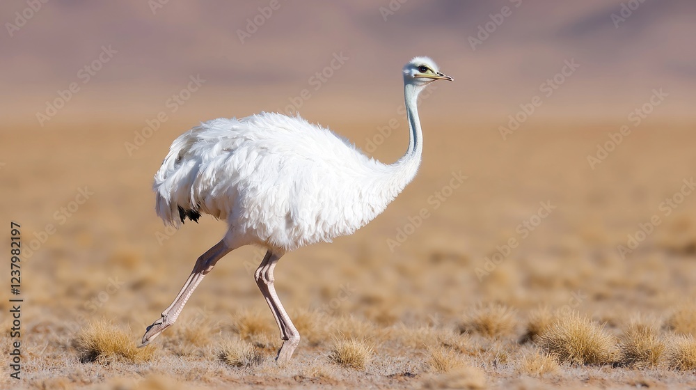 Fototapeta premium Leucistic white rhea runs across the arid altiplano desert during a bright sunny day.