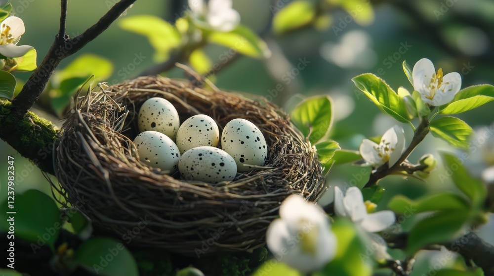 Bird's nest with speckled eggs surrounded by green leaves and white flowers. Bird's nest with speckled eggs surrounded by green leaves and white flowers.