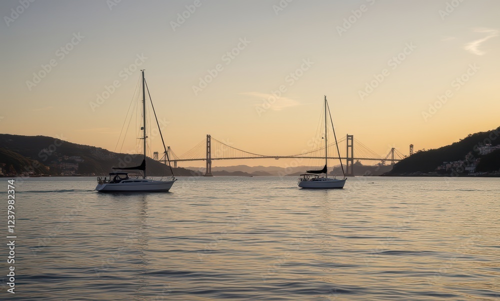 Two sailboats at sunset near a bridge Two sailboats at sunset near a bridge